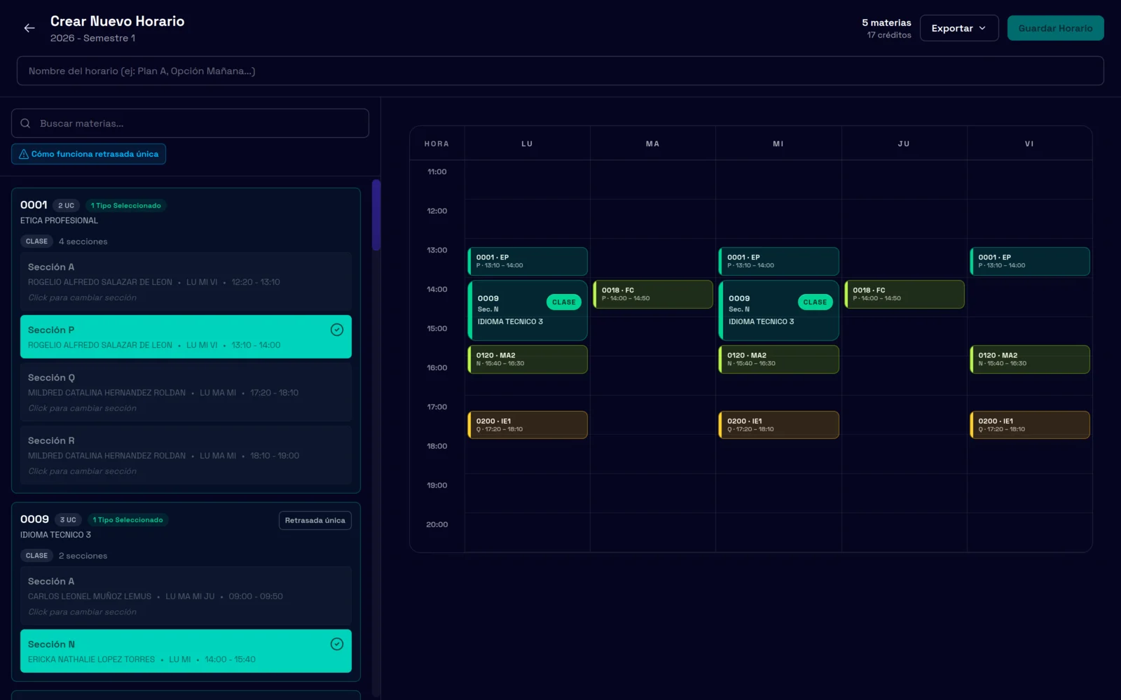 Semestrix weekly schedule builder