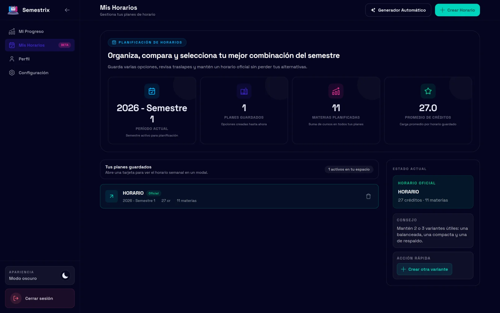 Semestrix semester planning dashboard