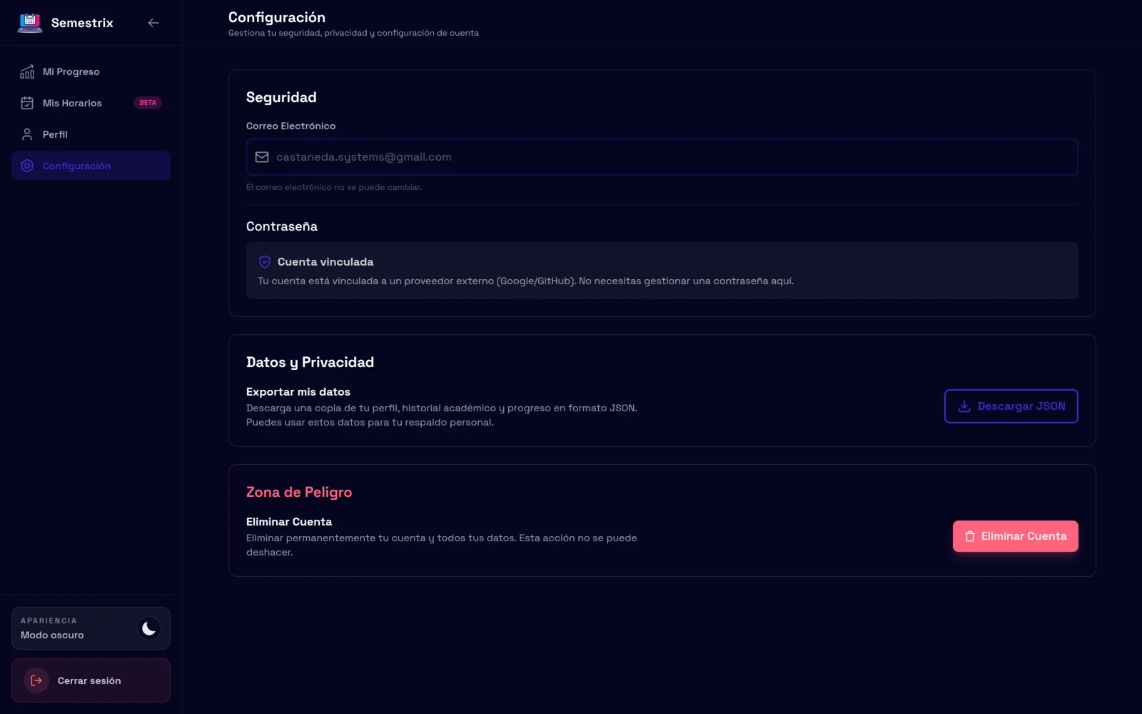 Semestrix settings page